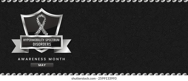 Hypermobility Spectrum Disorder Awareness Month banner, with Zebra Colored ribbon, shield and space for text. Design for Banner or Header