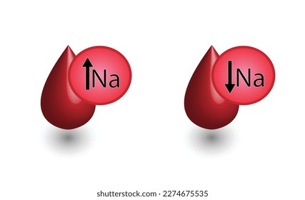 Hypernatremia, high plasma sodium level and Hyponatremia, low plasma sodium level. Sodium Na excess and deficit electrolyte disorders, blood test tube, Scientific design. Vector illustration.