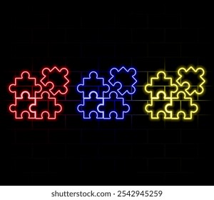 Peças animadas hiperrealistas Neon Puzzle em cores estilosas na moda. Tecnologia futurista.