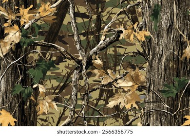 Hyper-Realistic Woodland Camouflage Design with Tree Bark and Leaves