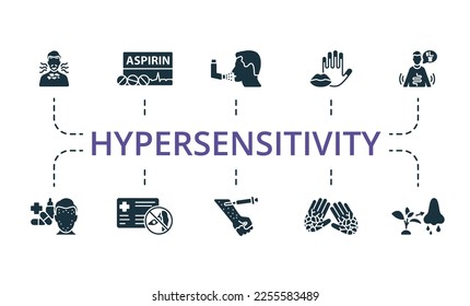 Hypersensitivity icon set. Monochrome simple Hypersensitivity icon collection. Dermatitis, Aspirin, Asthma, Cyanosis, Diarrhea, Drug Allergy, Allergy Card, Allergy Shots, Cracked Skin, Allergic