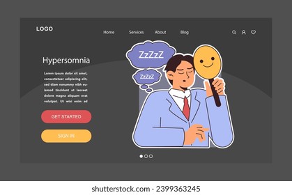 Hypersomnia dark or night mode web, landing. Excessive sleepiness neurological disorder. Slumber on a workplace. Man napping during the workday, holding a cheerful mask. Flat vector illustration.