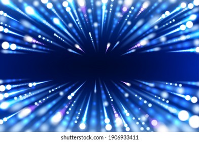 Hyperspace abstract vector background of blue neon lights hyperspeed motion. Star warp tunnel of hyper space travel jump with glowing trek lines and laser rays, bright sparkles and flashes