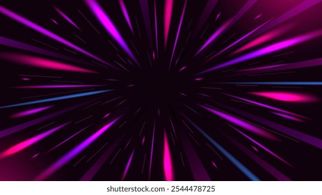 Hyperspace background. Vibrant star warp, hyper jump or light speed concept. Fast speed through space, radial lines traces of moving stars and interstellar travel vector illustration.