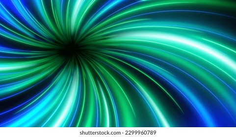 Salto hiperespacial al agujero negro a través de un vibrante espacio de neón con trazas azules y verdes de luz en movimiento. Ilustración vectorial realista del túnel de energía cósmico abstracto, movimiento de velocidad interestelar rápida