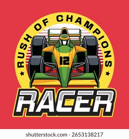Carro de corrida hipervelocidade com acentos verde e amarelo arrojados com Racer Tipografia Emblema Logo Illustration