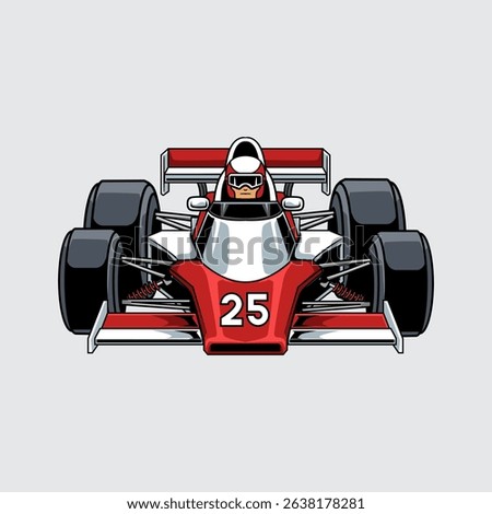 Hyperspeed race car with bold red accents, large tires, and number 25 with driver wearing helmet front view cartoon illustration isolated on a light background