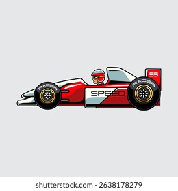 Hyperspeed race car with red and white color, large tires, and detailed driver in helmet from side view cartoon illustration isolated on a light background