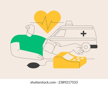 Abstraktes Hypertonie-Konzept, Vektorgrafik. Kardiologisches Problem, Bluthochdruck, Messgerät, Cholesterinspiegel-Diagnose, Hypertonie-Ursache, abstrakte Ambulanzmetapher.