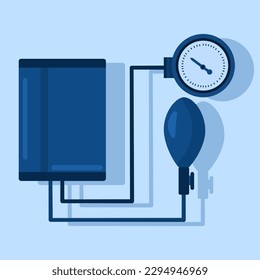Autónomo digital hipertensivo, esfigmomanómetro. Monitoreo de la presión arterial electrónica. Equipo médico para diagnosticar hipertensión, cardiopatía. Ilustración vectorial plana.