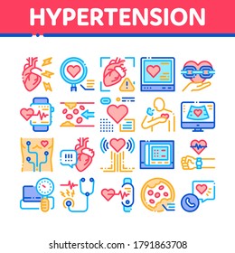 Symbole der Kollektion von Hypertonie-Krankheiten Set Vektor. Bluthochdruck und Behandlung, Herzforschung und -untersuchung, Fitness-Armband und Watch Konzept linearen Piktogramme. Illustrationen zur Farbwiedergabe