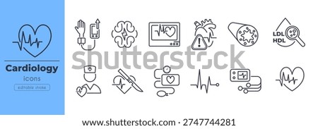 Hypertension line icon set. Heart monitor, brain stroke, blood pressure, cholesterol test, cardiac surgery, pulse rate, EKG simple vector illustrations. Outline signs for cardiology. Editable Stroke.