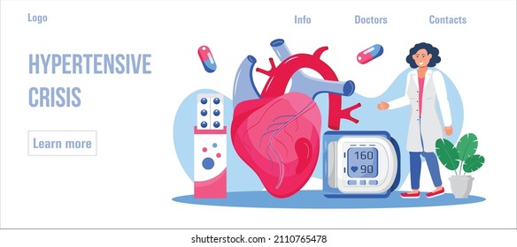 Hypertension medical concept vector for web, homepage. Hypertensive crisis and sphygmomanometer. Hypotension and hypertension disease treatment with doctors. High or low blood pressure measurement.