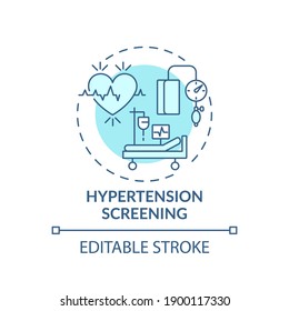 Icono del concepto de detección de la hipertensión. Riesgo para la ilustración de la delgada línea de la idea de presión arterial alta. Electrocardiograma. Actividad eléctrica cardíaca. Dibujo de color RGB con contorno aislado del vector. Trazo editable