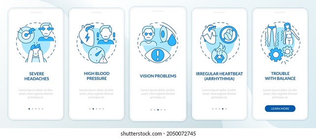 Hypertension signs onboarding mobile app page screen. Severe headache walkthrough 5 steps graphic instructions with concepts. UI, UX, GUI vector template with linear color illustrations