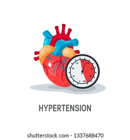 Hypertension Vector Concept. Human Heart With Blood Pressure Monitor In Flat Style.