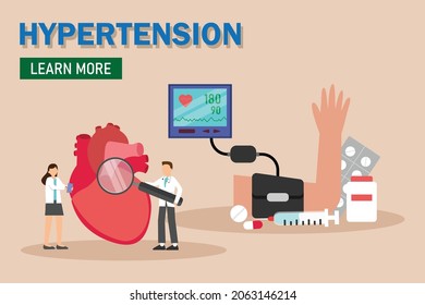 Diseño vectorial de hipertensión. Dos médicos miden utilizando un amplificador para controlar a los pacientes cardíacos mientras tienen una enfermedad hipertensiva