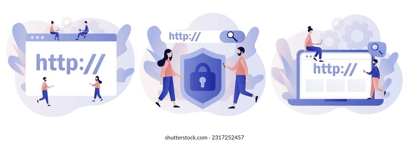 Hypertext Transfer Protocol concept. HTTP data web page. Web browser. Internet communication protocol. Modern flat cartoon style. Vector illustration on white background