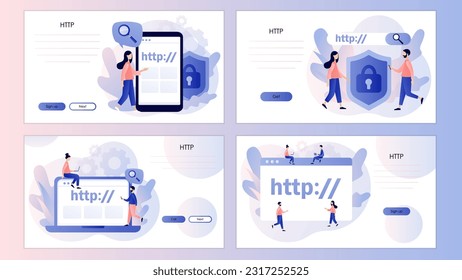 Hypertext Transfer Protocol concept. HTTP data web page. Web browser. Internet communication protocol. Screen template for landing page, template, ui, web, mobile app, poster, banner, flyer. Vector 