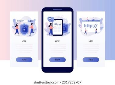 Hypertext Transfer Protocol concept. HTTP data web page. Web browser. Internet communication protocol. Screen template for mobile, smartphone app. Modern flat cartoon style. Vector illustration
