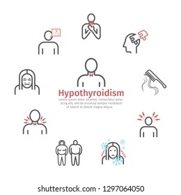 Hyperthyroidism banner. Symptoms, Treatment. Line icons set. Vector signs for web graphics.