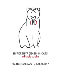 Hyperthyreose bei Katzen. Lineares Symbol, Piktogramm, Symbol. Häufig sind Tiere mittleren und älteren Alters von Krankheiten betroffen. Veterinärkonzept. Vektorgrafik im Konturstil auf weißem Hintergrund
