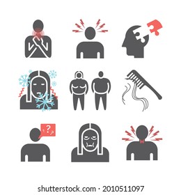 Hyperthyroidism. Symptoms, Treatment. Flat icons set. Vector signs for web graphics.
