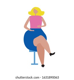 A hypertrophic woman sits in casual clothes and a skirt on a chair. Single adult fair-skinned blonde people without face. A flat vector stock illustration isolated on white background for design