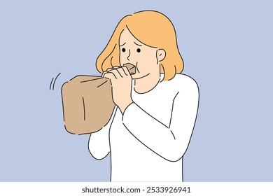 Síndrome de hiperventilação em mulher respirando em saco de papel ao tentar parar o ataque de pânico. Problema de hiperventilação pulmonar em adolescente assustada que tem medo de viajar de avião