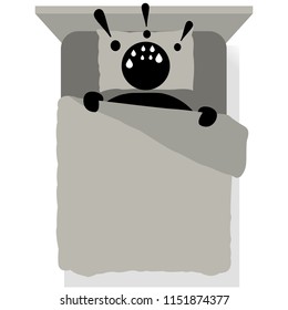Hypnophobia. Abnormal fear of falling asleep. Man afraid to die in a dream. Guy suffers from insomnia. Afraided man. The guy has a nightmare dreams. Logo, icon, silhouette, sticker, sign. Phobia.