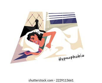 Hipnofobia o somnifobia. Miedo a dormir o a quedarse dormido. La mujer está bajo un intenso estrés cuando piensa o intenta dormir. Ilustración del vector