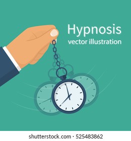 Hypnosis concept. Man holding a watch on a chain. Golden pocket watch. Pendulum swinging. Mind control. Vector illustration flat design. Isolated on background.