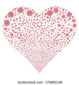 Hypnosis fireworks with heart shape. Vector illustration style is flat red iconic symbols on a white background. Object stream constructed from confetti symbols.