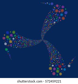 Hypnosis fireworks swirl rotation. Vector illustration style is flat bright multicolored iconic symbols on a blue background. Object twirl created from random symbols.