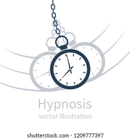 Hypnosis icon concept black silhouette. Watch on a chain pictogram. Golden pocket watch. Pendulum swinging. Mind control. Vector illustration flat design. Isolated on background. 