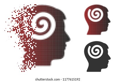 Hypnosis icon in dispersed, pixelated halftone and undamaged solid variants. Fragments are composed into vector disappearing hypnosis icon.