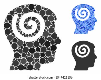 Hypnosis mosaic of circle elements in different sizes and color hues, based on hypnosis icon. Vector circle elements are united into blue composition. Dotted hypnosis icon in usual and blue versions.