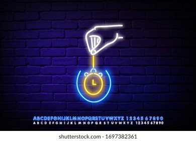 La hipnosis es el icono del neón. Elementos de un kit de ciencias locas. Icono de mano simple con reloj para sitios web, diseño web, aplicaciones móviles, gráficos de información