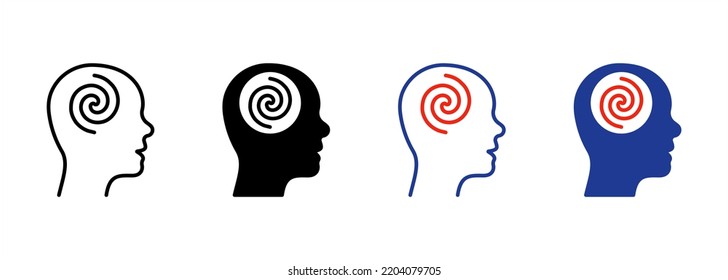 Hipnosis Psicología Silhouette e Icono de línea. Pictograma de espiral giratoria redondeada. Icono Creativo de Bienestar de Imaginación Cerebral. Caos mental en la cabeza del hombre. Stroke editable. Ilustración de vectores aislados.