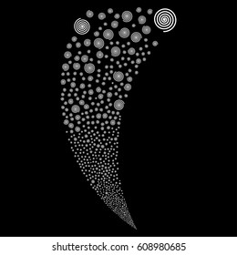 Hypnosis random fireworks stream. Vector illustration style is flat white iconic symbols on a black background. Object fountain created from scattered pictographs.