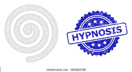 Hypnosis scratched seal and vector hypnosis spiral mesh model. Blue stamp seal contains Hypnosis text inside rosette. Abstract 2d mesh hypnosis spiral, built from flat mesh.