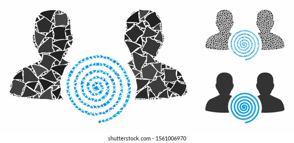 Hypnosis sect mosaic of uneven items in variable sizes and color tints, based on hypnosis sect icon. Vector uneven parts are grouped into mosaic. Hypnosis sect icons collage with dotted pattern.