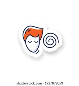 Hypnosis sticker. Absorbed or meditating person with hypnotic helix vector emblem. Psychotherapy, hypnosis, mind focus and deep concentration badge for designs