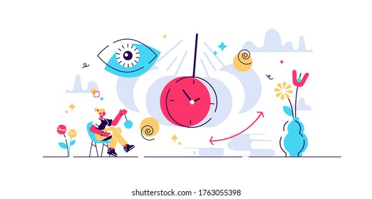 Hypnosis vector illustration. Flat tiny therapy condition persons concept. Altered state of mind or trance effect. Consciousness alternative medical condition. Abstract rotation and whirlpool symbols.