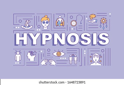 Hypnosis word concepts banner. Hypnotherapy. Subconsciousness. Infographics with linear icons on violet background. Isolated typography. Vector outline RGB color illustration