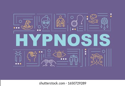 Hypnosis word concepts banner. Hypnotherapy. Subconsciousness. Infographics with linear icons on purple background. Isolated typography. Vector outline RGB color illustration