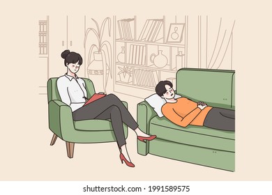 Hypnotherapy session and psychology concept. Young woman Psychotherapist and patient cartoon character working and talking in office during visit in clinic vector illustration 