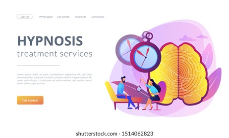 Hypnotherapy session, subconscious research. Psychiatrist assistance. Hypnosis practice, altered state of mind, hypnosis treatment services concept. Website homepage landing web page template.