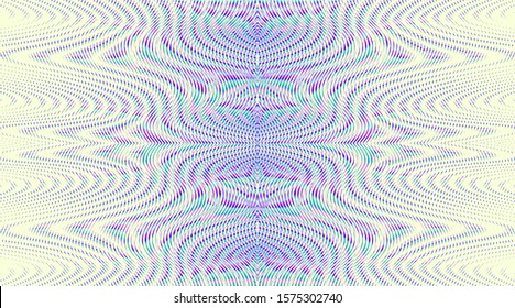 Hypnotic abstract symmetrical background with soft moire effect and holographic color texture with vector wavy linear blending graphic. Perfect creative project web design, cover, pillow printing.