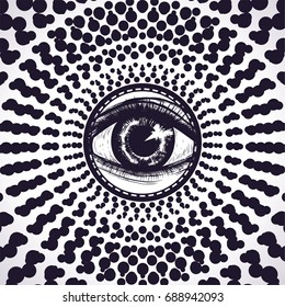 Hypnotic background with all seeing eye. Black and white image. Vector illustration. alchemy symbol. magic.